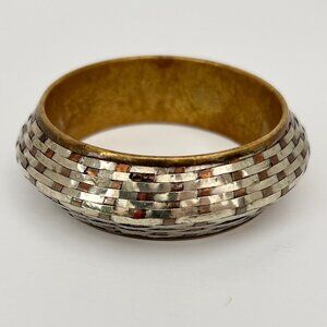 Vintage Brutalist Jewelry Mixed Metal Copper & Brass Woven Wide Bangle Bracelet